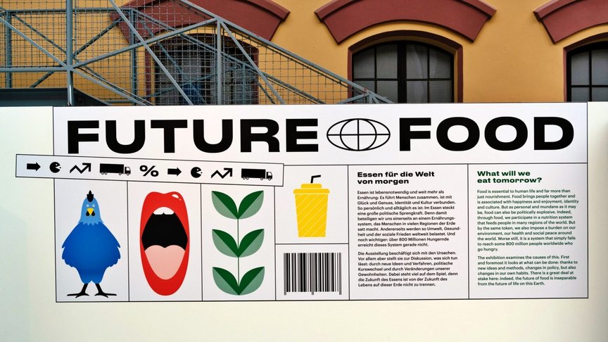 Ein Plakat zeigt ein Huhn, einen offenen Mund, eine Pflanze, einen Getränkebecher und einen Strichcode mit der Überschrift Future Food
